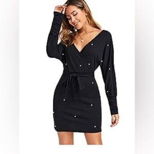Women's Surplice Wrap Long Sleeve Pearls Beaded Solid Mini Pencil Dress
